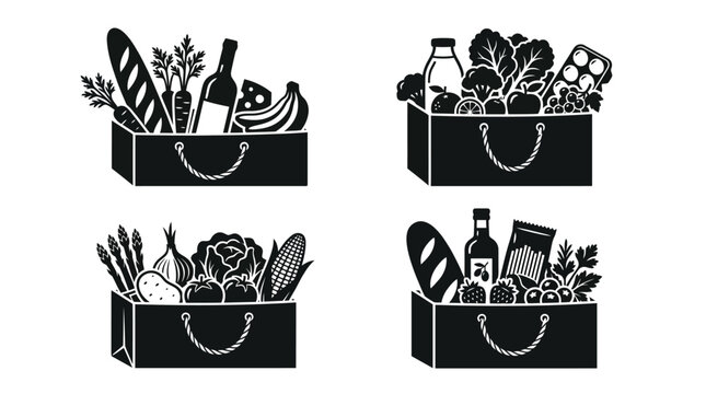 Set of grocery paper bags filled with various fresh food items.