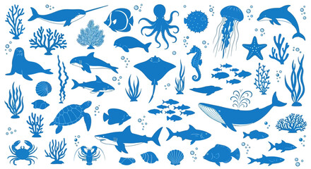 Oceanic creatures, blue sea animals, underwater world, marine life icons, vector set © Adam