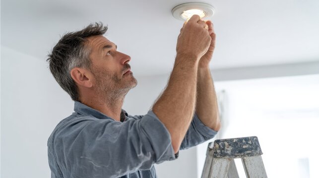 Man Changing Light Bulb On Ceiling Fixture Using Ladder. Home Maintenance And Electrical Safety