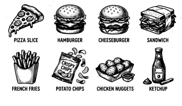 Vintage engraved fast food illustration set with pizza burgers fries nuggets and ketchup hand drawn vector