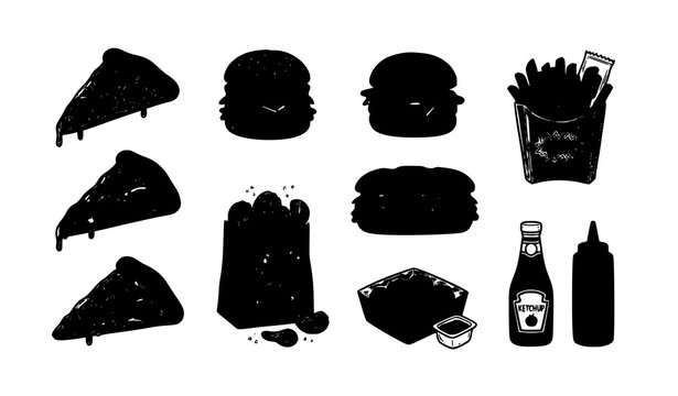 Hand drawn fast food doodle set with pizza burger fries nuggets and ketchup sketch vector collection