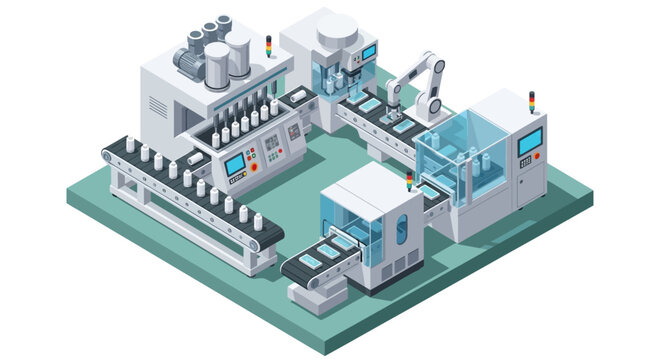 Industrial manufacturing facility, isometric factory, production line, industrial plant, machinery