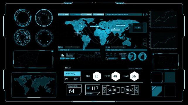 World map Futuristic user interface HUD GUI digital text number element for cyber technology concept with dark and grain processed
