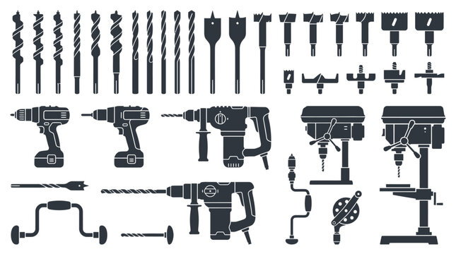 Set of Various Drilling Tools and Drill Bits Silhouettes.