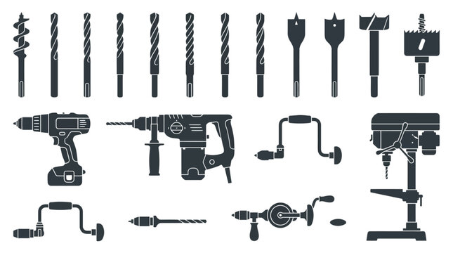 Set of Various Drill Bits and Drilling Power Tools Silhouettes.