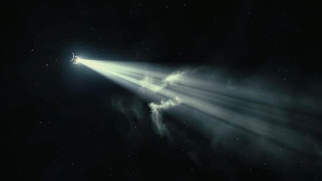 Strong light beam shines through drifting cosmic dust in realistic style on dark space background, concept of mystery