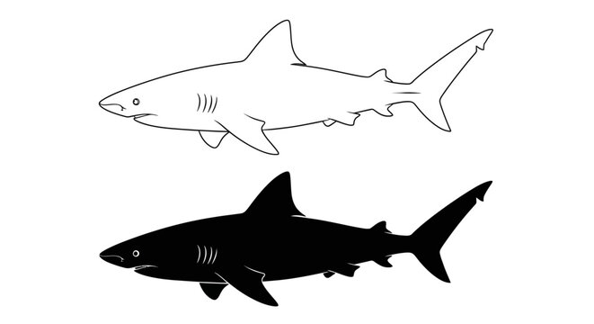 Shark icons, black and white shark illustrations, vector shark graphics, ocean predator symbols
