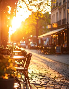 Sunlit cobblestone street with outdoor seating.
