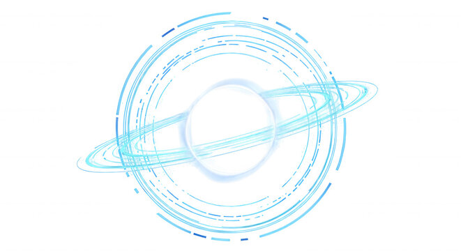 Abstract of a glowing blue celestial body with concentric orbital rings and a central dark void on a black background