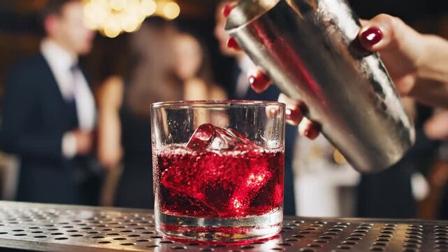 Red cocktail being poured into glass.