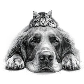 Detailed monochrome illustration of a golden retriever resting its head with a tiny kitten curled up asleep on its forehead
