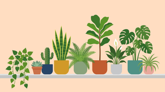 Collection of various potted plants on shelf.