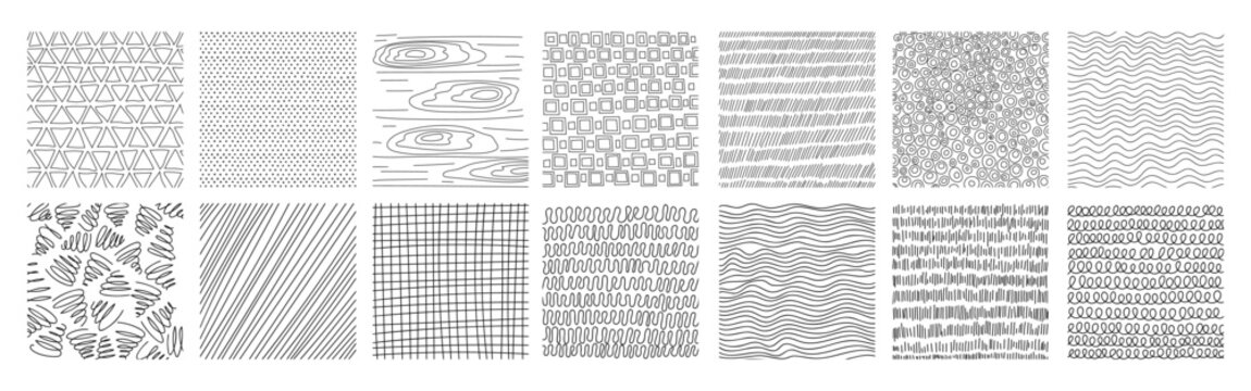 Hand-drawn crosshatch patterns with organic lines and pencil textures vector illustration set. Sketch-style hatching creates depth through diagonal strokes and cross-line shading techniques.