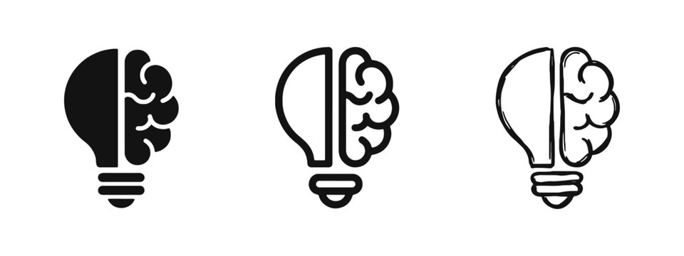 Brain and Light Bulb Icons, Idea, Creativity, Intelligence and Innovation Concept Set in Three Styles