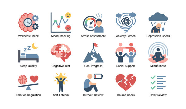 Mental health and wellness icons showing assessment and support