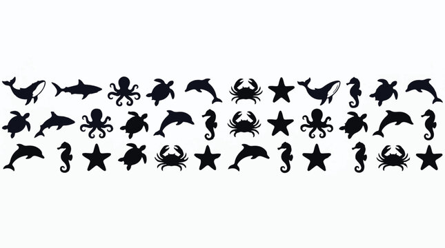 Black silhouettes of various ocean sea creatures including fish, octopus, seahorses, starfish, and crabs on white background for marine life, underwater, and nature concepts