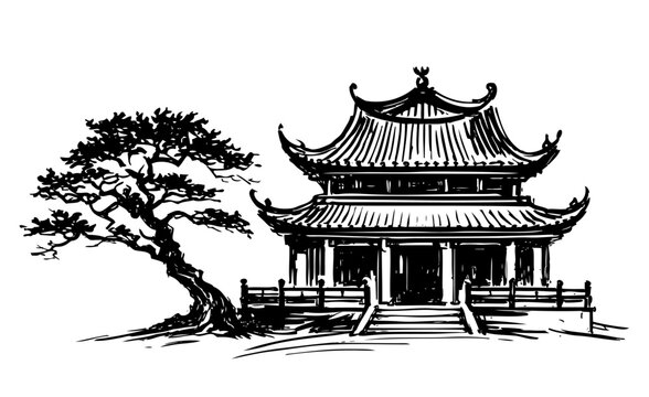 Elegant Hand-Drawn Illustration Captures a Serene East Asian Pagoda or Temple Building With Multi-Tiered Roofs and a Beautifully Gnarled, Leaning Tree, Evoking a Timeless Garden Scene in Black and Whi
