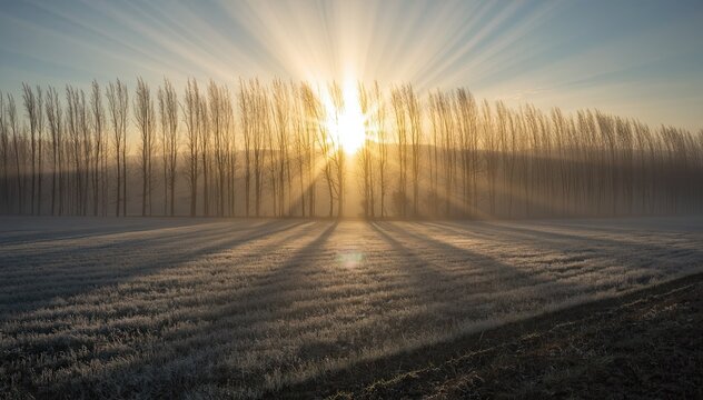Bright sun rays bursting through a row of bare trees in a misty winter landscape over a frost-covered field at sunrise