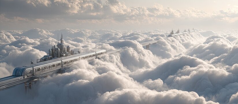 Futuristic Train Traveling Through Cloudscape Above City Skyline in Bright Daylight