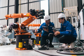 Industrial robot arm auto assembly in factory with engineer teamwork control panel safety helmet inspection training focus