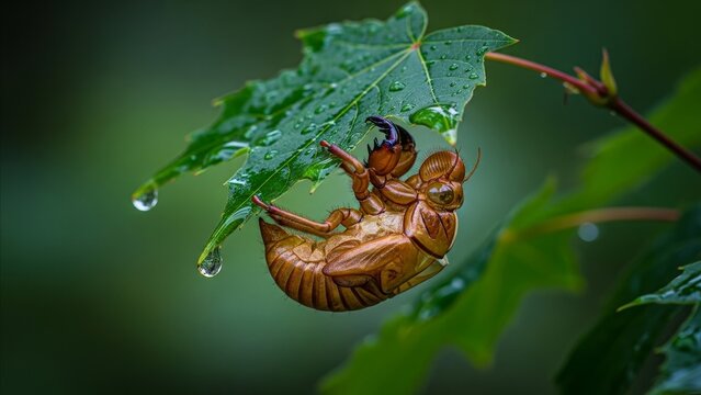 Animal - Cicada Nymph Clinging Upside Down Under Wet Green Leaf With Rain Droplets in Forest