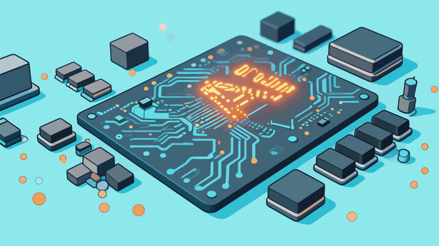 Isometric Illustration of Integrated Circuit and Electronic Components
