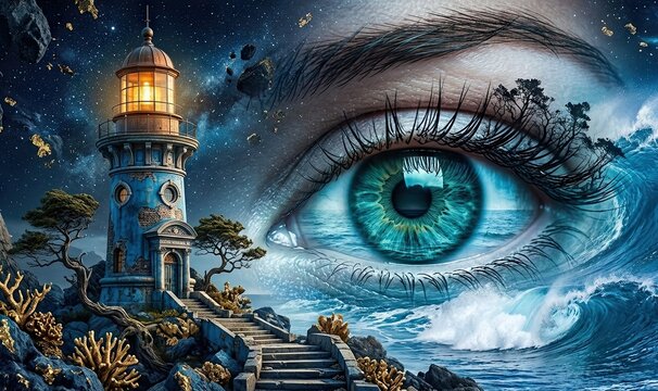 Surreal composition featuring a massive human eye looking out over a stormy sea with a lighthouse on rocky cliffs