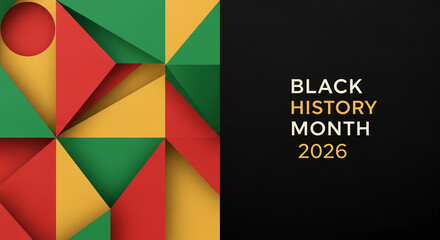 Fototapeta premium Geometric red, yellow, and green pattern with text, representing Black History Month celebration and heritage, ideal for banners and posters.