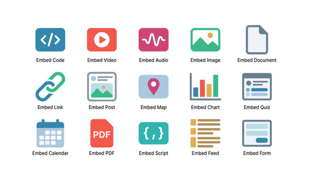 Embed icons showing content types and widgets on white grid