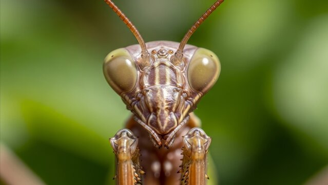 Animal - Extreme Close Up Macro Portrait of Brown Praying Mantis Face With Large Compound Eyes