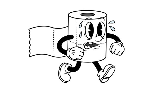 funny toilet paper roll character, cartoon toilet paper, running roll, humorous bathroom icon