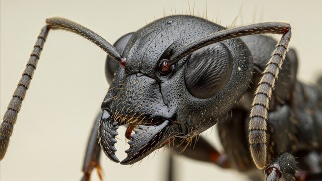 Animal - Extreme Closeup Macro Portrait of Black Ant Head Showing Compound Eyes and Mandibles