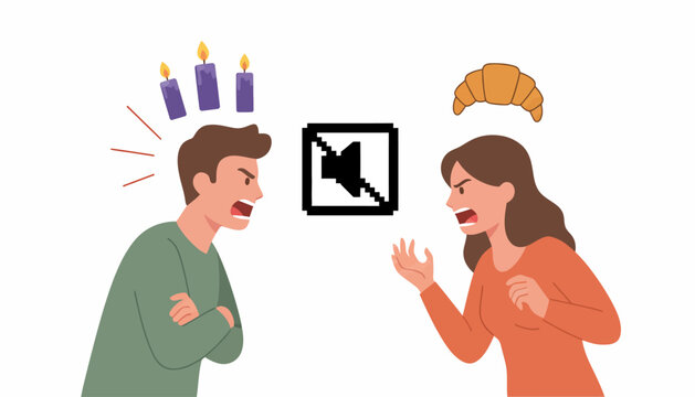 angry couple, arguing, vector illustration, relationship conflict, communication problems, loudspeaker symbol, emotional expressions, daily life, cartoon style