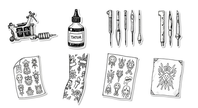 Tattoo equipment and designs illustration.