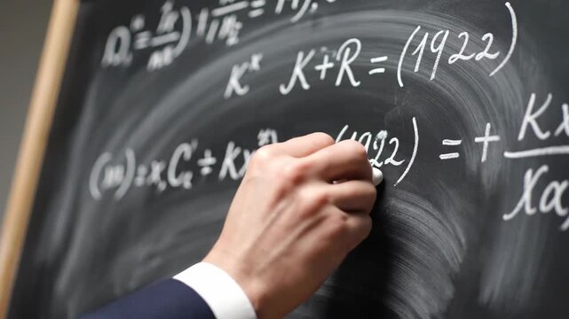 Professor writing complex math formulas on a blackboard