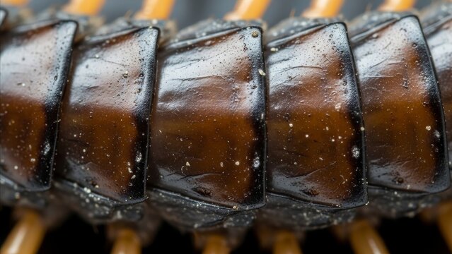 Animal - Extreme Macro Close Up of Glossy Dark Brown Segmented Millipede Exoskeleton with Orange Legs