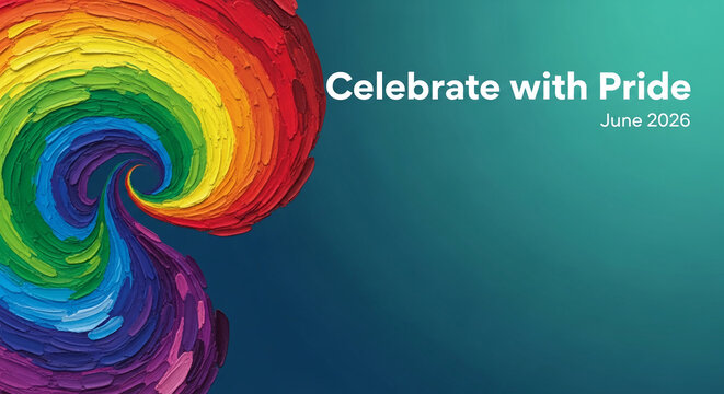 Textured rainbow swirl with "Celebrate with Pride" text, symbolizing LGBTQ+ pride, inclusion, and joy, perfect for event promotion or awareness campaigns