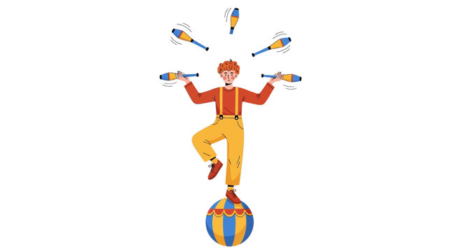 Juggling, circus, acrobat vector, colorful illustration, balancing act, performance art