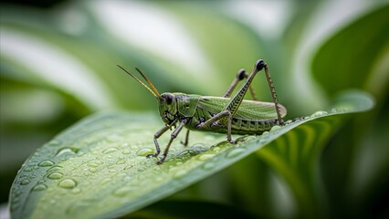 Fototapeta premium Animal - Green Grasshopper Perched on Wet Leaf with Water Droplets in Lush Garden Close Up Macro