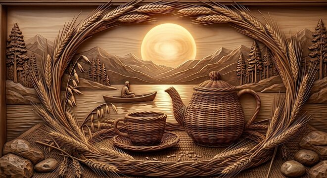 Intricate 3D wood carving depiction of a serene lake with a fisherman in a boat surrounded by wheat stalks and a tea set