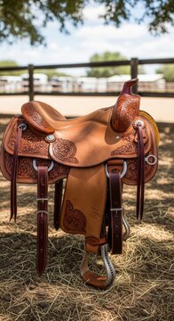 Well-Worn Western Leather Saddle With Intricate Tooling