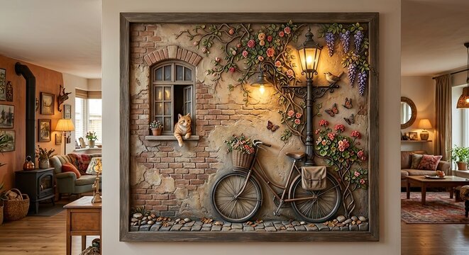 Highly detailed 3D wall art depicting a rustic brick cottage scene with a cat in the window, a bicycle, a street lamp, and flowers