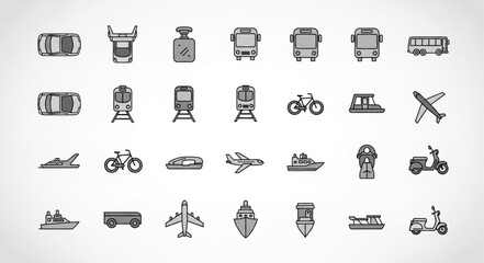 Collection of diverse transportation icons in a grid layout. © Amit