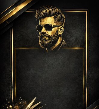 Vertical stylized golden portrait of a bearded man with sunglasses inside an ornate gold frame on a dark background
