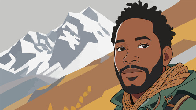 Stylized portrait of a male hiker with mountain backdrop