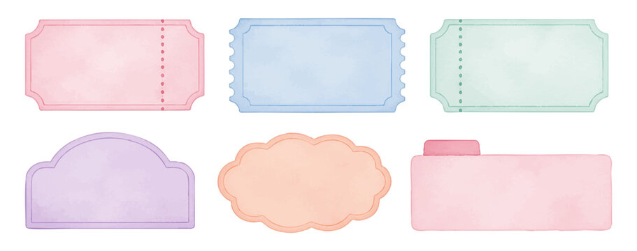 Pastel watercolor ticket and folder label set with scalloped coupons, rounded tags and soft paper shapes for stationery. Vector illustration.