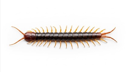 Fototapeta premium Animal - Large Dark Brown Centipede with Orange Legs Isolated on White Background Top View Macro