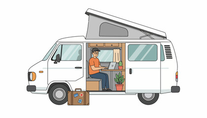 Fototapeta premium Van life, mobile office, remote work, camper van, digital nomad, illustration