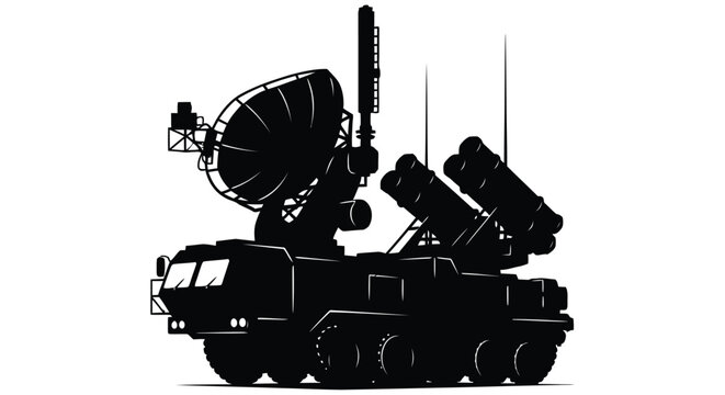 Silhouette of a mobile radar system with missile launchers against a white background