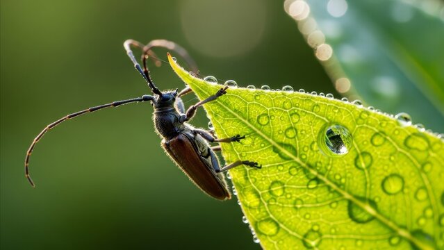 Animal - Longhorn Beetle Perched on Dew Covered Green Leaf with Water Droplets in Macro Close Up